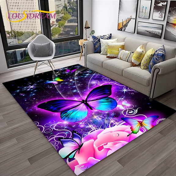 3D Dream Butterfly Flower Carpet Rug for Home Living Room Bedroom Sofa Doormat r Kid Play Area Rug Non-slip Floor Mat