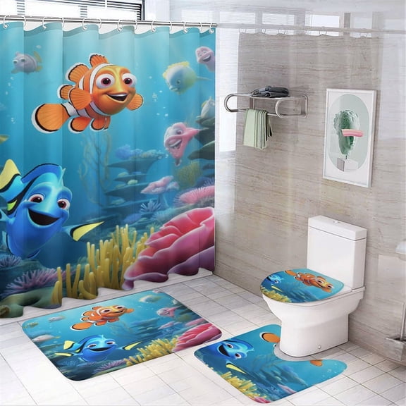 3D Dream Underwater World Fish Shower Curtain Bathroom Sets Toilet Lid Rug, Bath Mat And Contour Mat, Shower Curtain 4Pcs