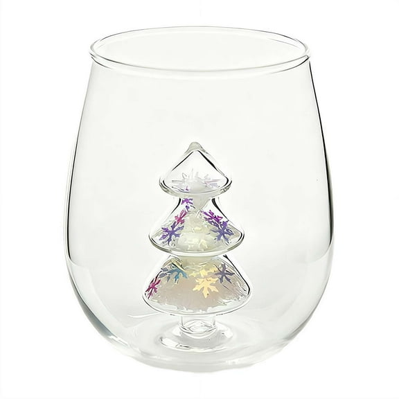 3D Drinking Glass Cup with Christmas Tree Figurine Inside, Christmas Stemless Wine Glass for Home Bar Christmas Party, 350ml