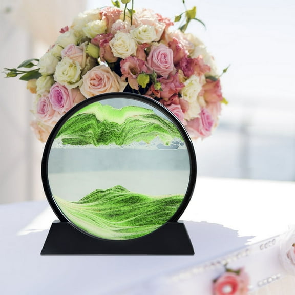 3D Dynamic Sand Art Ornament, Liquid Motion Tabletop Decoration, Round Glass 3D Sandscape Motion Display Ornament, Sand Painting Desk Decor, Home Office Artistic Conception Decor (Green, 7")