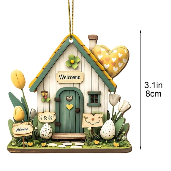 3D Easter House Ornament, Easter Garden Wall Decor with Flowers Eggs and Hearts, Acrylic Holiday Decoration for Front Porch Entryway and Spring Home Display, Cute Easter Gift Accent