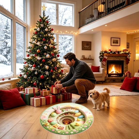 3D Easter Round Rug Bunny Egg Chick Flower Optical Illusion Mat Soft & Durable Flock Non- Modern Home Decor 23.62 in F