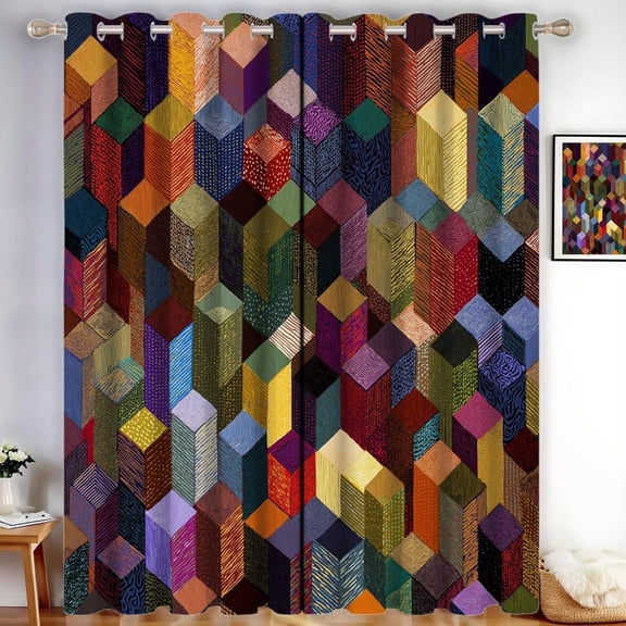 3D Effect Blackout Curtain, Cube Thermal Insulated Window Treatment For Bedroom Living Room 52"W x 90"L (Pack of 2)