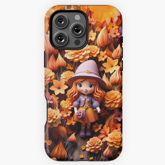 3D Effect Cute Witch in the Halloween Flowers Garden 3D Background Phone Case for iPhone 16 15 14 13 12 11 Pro Max M5912592