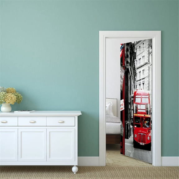 3D Effect Door Sticker - Door Sticker - 77X200CM - London City Red Bus Mural Wallpaper - Removable Wall Stickers - Bedroom Living Room Kitchen Poster Decoration