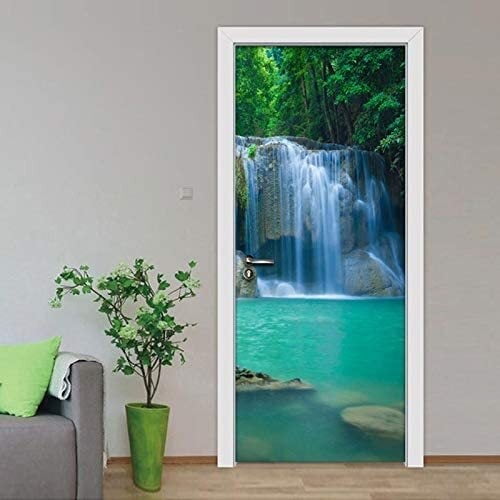 3D Effect Door Sticker - Trompe L'Oeil Door Sticker - 77X200cm - Green Forest Waterfall Landscape Wallpaper - Self Adhesive Wall Stickers