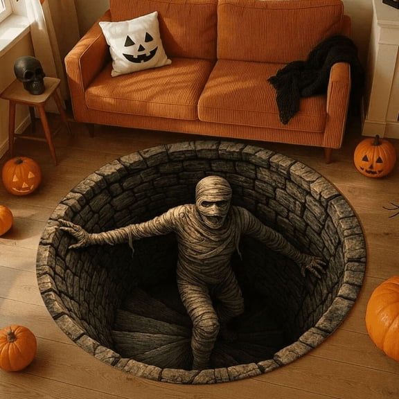 3D Effect Printed Halloween Rug, Spooky Halloween Round Mat, Halloween Monster Rug