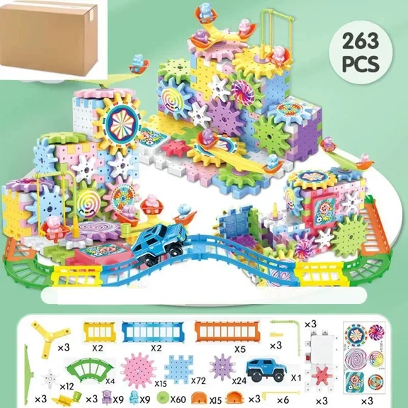 3D Electric Track Gears Model Building Blocks Plastic Kid House Blocks Bricks Educational Construction Toys for Children Gifts,263pcs with box