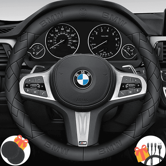 3D Embossed Custom Fit Steering Wheel Cover For BMW, Non-Slip Nappa Leather Wrap for Enhanced Grip & Comfort, Includes 2 Car Coasters & Fast Charging USB Cable Black