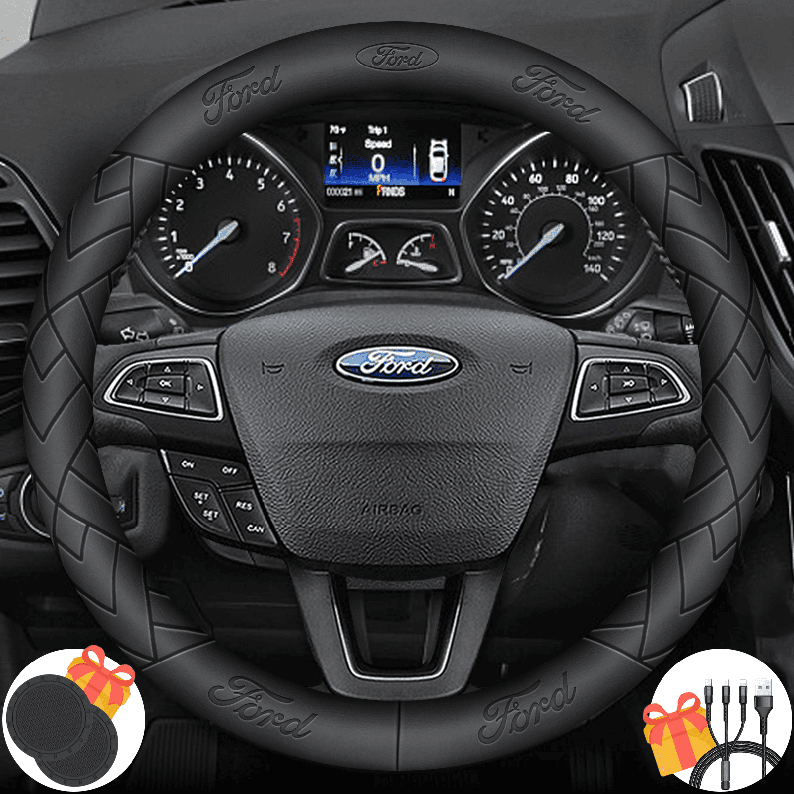 3D Embossed Custom Fit Steering Wheel Cover For Ford, Non-Slip Nappa Leather Wrap for Enhanced Grip & Comfort, Includes 2 Car Coasters & Fast Charging USB Cable Black