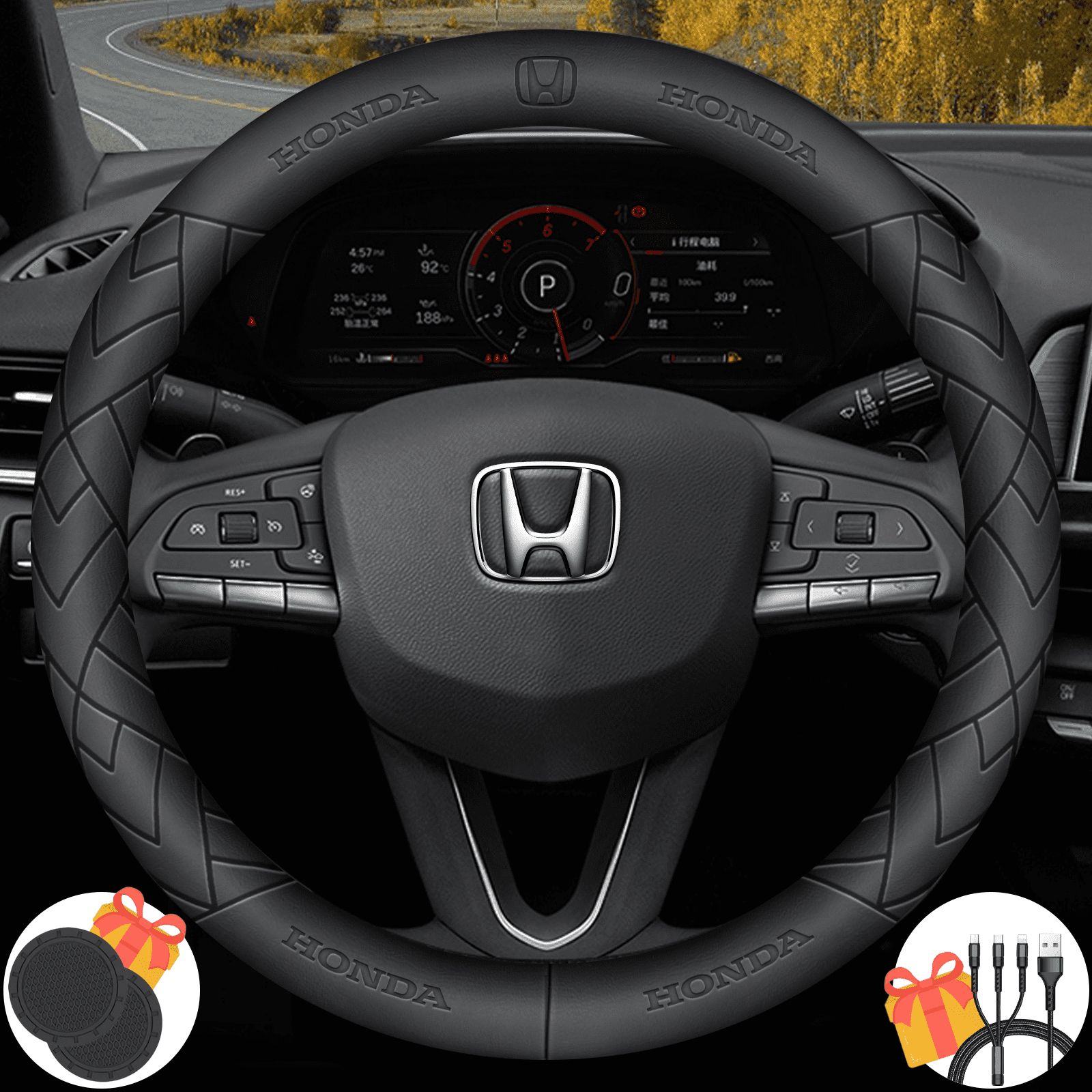3D Embossed Custom Fit Steering Wheel Cover For Honda, Non-Slip Nappa Leather Wrap for Enhanced Grip & Comfort, Includes 2 Car Coasters & Fast Charging USB Cable Black