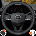 thumbnail image 1 of 3D Embossed Custom Fit Steering Wheel Cover For Honda, Non-Slip Nappa Leather Wrap for Enhanced Grip & Comfort, Includes 2 Car Coasters & Fast Charging USB Cable Black, 1 of 7