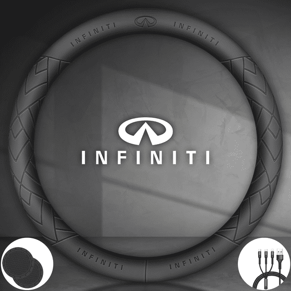 3D Embossed Custom Fit Steering Wheel Cover For Infiniti, Non-Slip Nappa Leather Wrap for Enhanced Grip & Comfort, Includes 2 Car Coasters & Fast Charging USB Cable Black