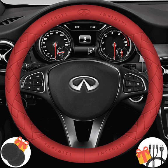 3D Embossed Custom Fit Steering Wheel Cover For Infiniti, Non-Slip Nappa Leather Wrap for Enhanced Grip & Comfort, Includes 2 Car Coasters & Fast Charging USB Cable Red