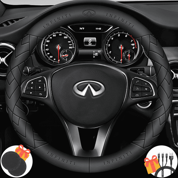 3D Embossed Custom Fit Steering Wheel Cover For Infiniti, Non-Slip Nappa Leather Wrap for Enhanced Grip & Comfort, Includes 2 Car Coasters & Fast Charging USB Cable Black