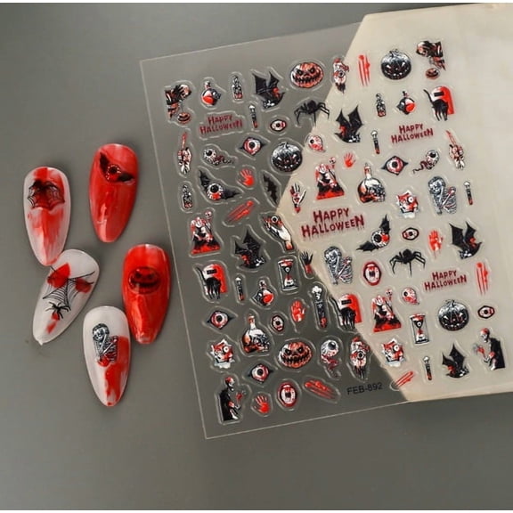3D Embossed Dark Eyes Nail Art Stickers - Blood Red Liquid Wraps for Halloween Manicures