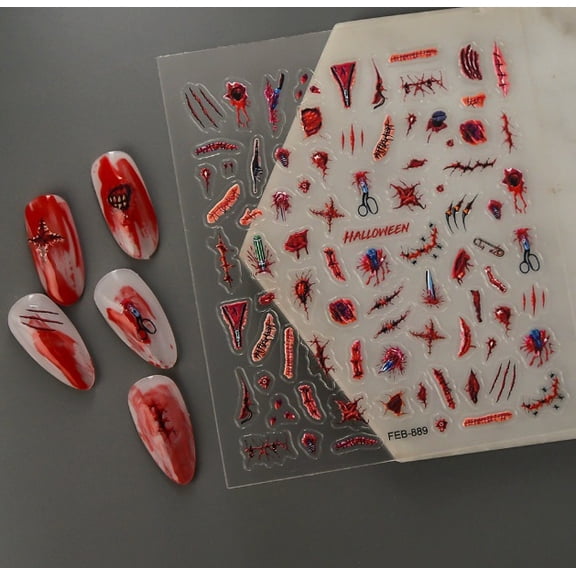 3D Embossed Dark Eyes Nail Art Stickers - Halloween Blood Red Liquid Nail Wraps for Creative Manicures