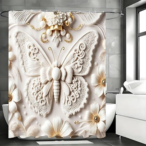 3D Embossed Floral Fabric Shower Curtain Cream Lace Butterfly Print Decorative Bathroom Curtain for Luxury Elegant Home