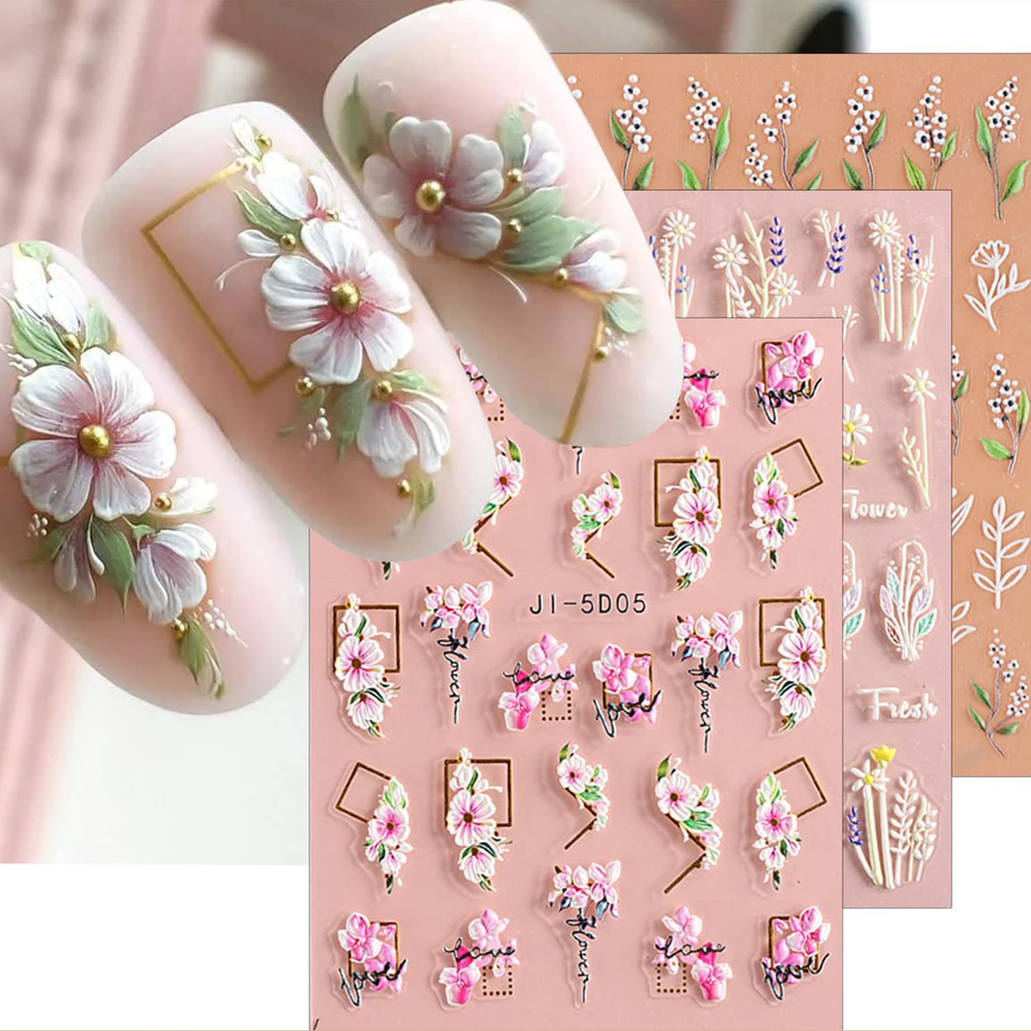 3D Embossed Flower Leaves Nail Art Stickers Decals 3 Sheets 5D Self-Adhesive Nail Art Decoration Manicure Accessories