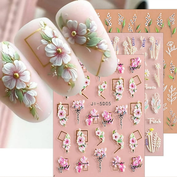 3D Embossed Flower Leaves Nail Art Stickers Decals 3 Sheets 5D Self-Adhesive Nail Art Decoration Manicure Accessories
