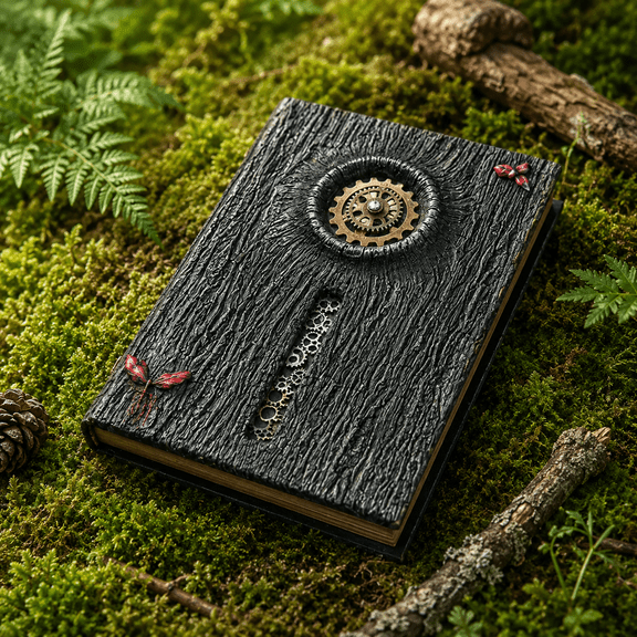 3D Embossed Hardcover Journal, Black Woodgrain Texture Notebook with Gear Accent, Decorative Forest Style Writing Book for Desk, Shelf, Gift Display