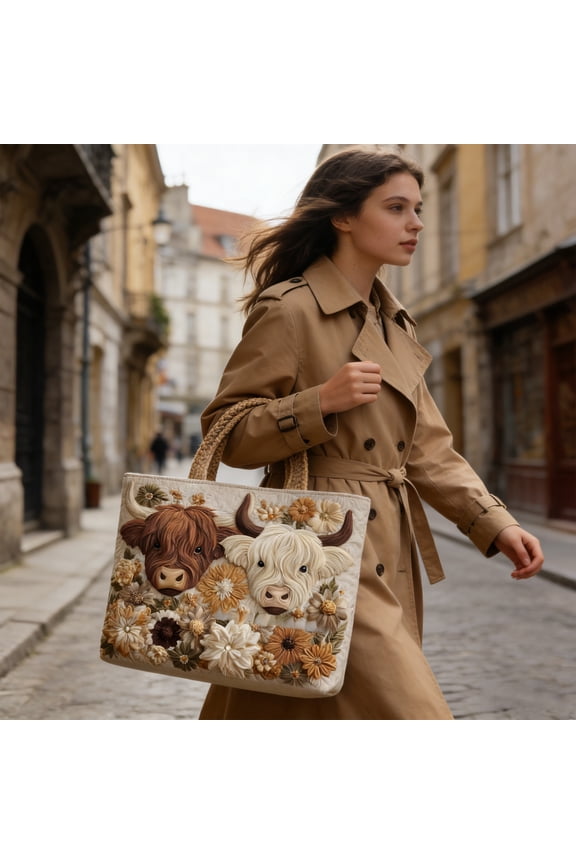 3D Embossed Highland Cow & Floral Tote Bag, Stylish Canvas Handbag with Woven Handle, Ideal for Shopping, Beach Trips, Daily Use and Gift Giving M