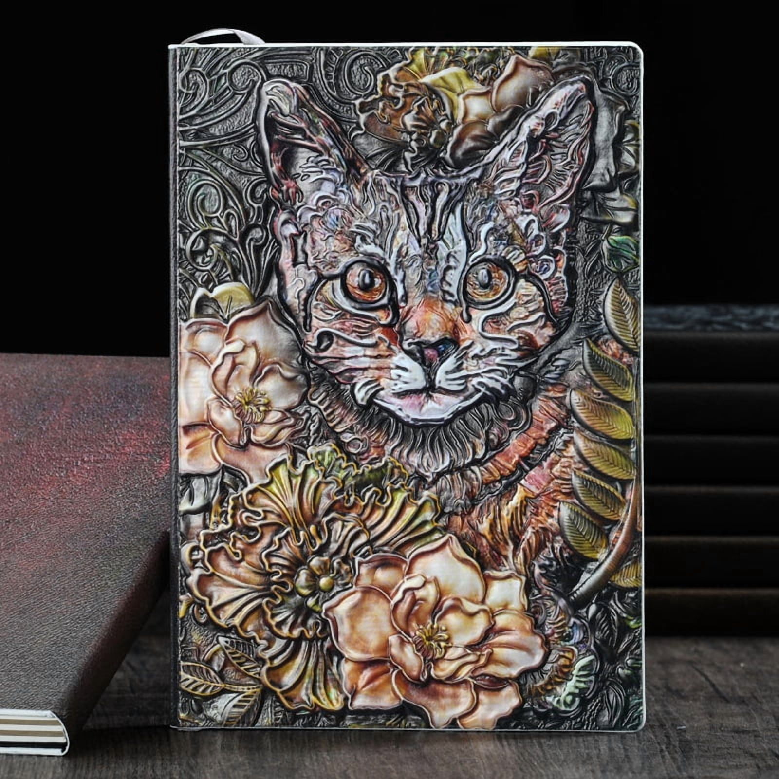 3D Embossed PU Leather Notebook A5 Cat Flower Pattern Journal for School Office Supplies Multi-color 215x145mm