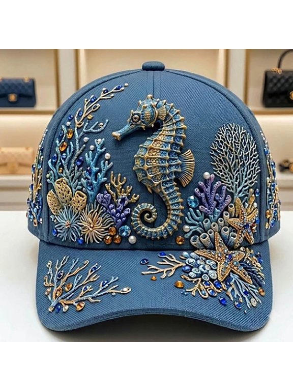 3D Embroidered Animal Baseball Cap, Nature Themed Owl Squirrel Hat, Adjustable Outdoor Dad Cap, Unique Wildlife Embroidery for Men Women Travel,Seahorse,21.7"-23.6"