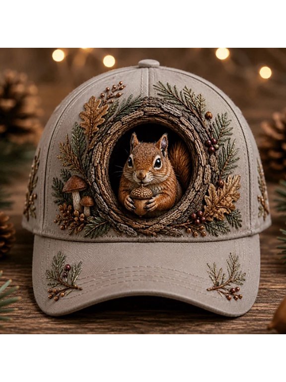 3D Embroidered Animal Baseball Cap, Nature Themed Owl Squirrel Hat, Adjustable Outdoor Dad Cap, Unique Wildlife Embroidery for Men Women Travel,Squirrel,21.7"-23.6"