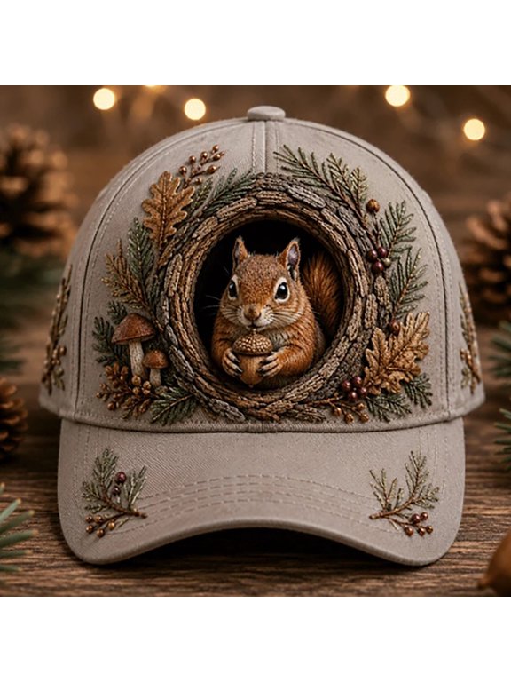 3D Embroidered Animal Baseball Cap, Nature Themed Owl Squirrel Hat, Adjustable Outdoor Dad Cap, Unique Wildlife Embroidery for Men Women Travel(Squirrel)