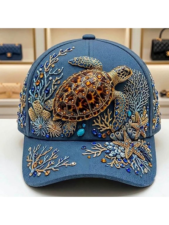 3D Embroidered Animal Baseball Cap, Nature Themed Owl Squirrel Hat, Adjustable Outdoor Dad Cap, Unique Wildlife Embroidery for Men Women Travel,Turtle,21.7"-23.6"