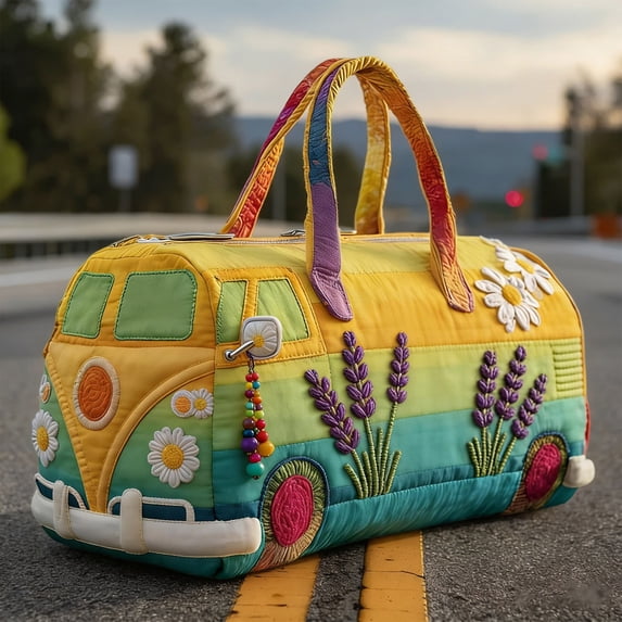 3D Embroidered Camper Van Quilted Handbags – Pleated Cotton Travel Tote Bag with Adjustable Strap, Vintage Vehicle Print Yoga Weekender Bag for Daily Use