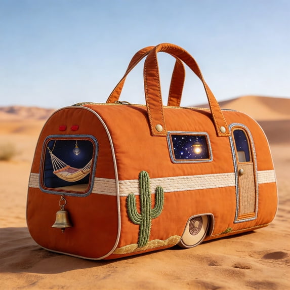 3D Embroidered Camper Van Quilted Handbags – Pleated Cotton Travel Tote Bag with Adjustable Strap, Vintage Vehicle Print Yoga Weekender Bag for Daily Use