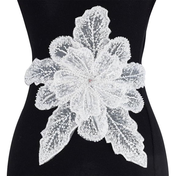 3D Embroidered Floral Appliques White Flower Patches with Sequins and Rhinestone Floral Sew On Appliques Handmade Sewing Floral Pattern Patches for Wedding Garment Dresses Decoration