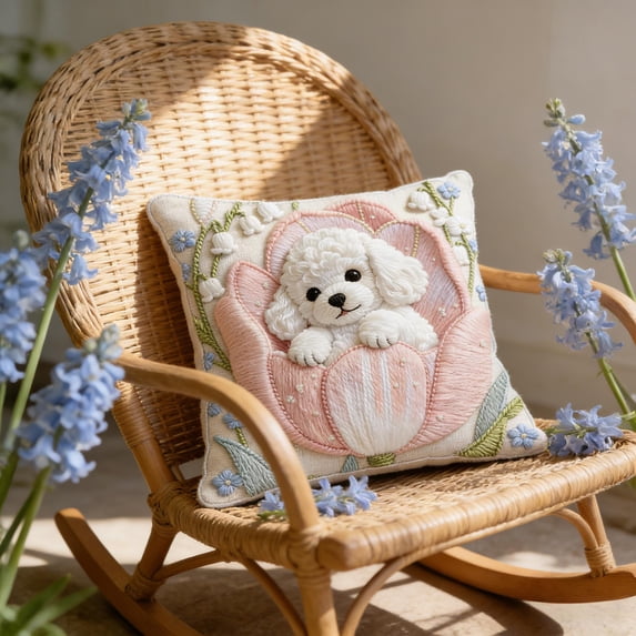 3D Embroidered White Poodle in Pink Tulip Throw Pillow, Decorative Cushion with Lily of the Valley and Forget-Me-Not Accents, Ideal for Sofa, Bedroom, Living Room and Spring Home Decoration 18X18in