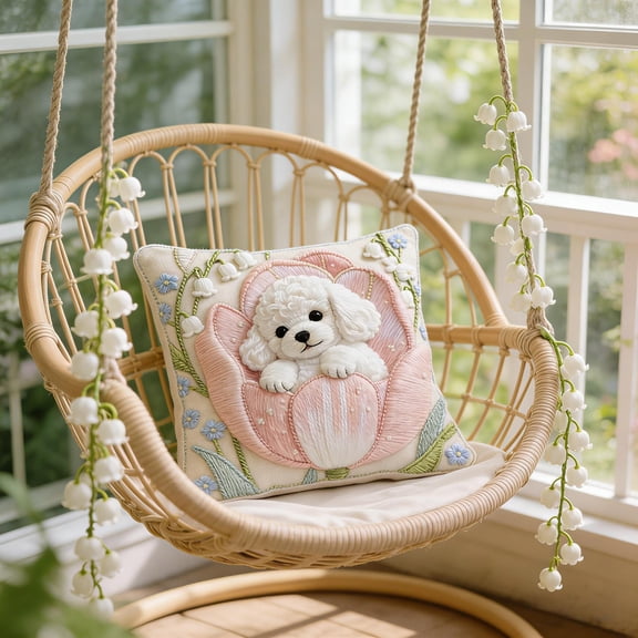3D Embroidered White Poodle in Pink Tulip Throw Pillow, Decorative Cushion with Lily of the Valley and Forget-Me-Not Accents, Ideal for Sofa, Bedroom, Living Room and Spring Home Decoration 18X18in