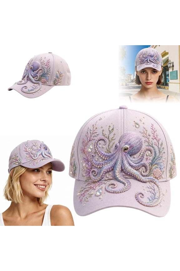 3D Embroidery Octopus Floral Baseball Cap, Rhinestone Crystal Sea Creature Sun Hat Adjustable Summer Beach Travel Women Casual Cap