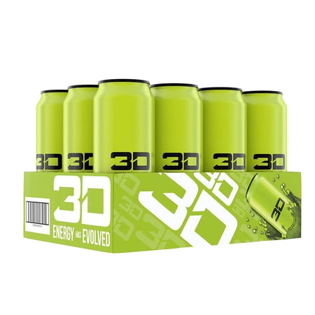 3D Energy Drink Caffeine, Zero Sugar, Taurine, Panax Ginseng, Inositol, Guarana Seed, L-Carnitine Tartrate, 16 Fluid Ounce 12 Pack Green