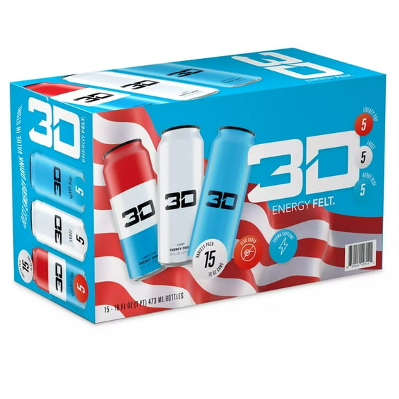 3D Energy Drinks Variety Pack, 16 Fluid Ounce (Pack of 15)