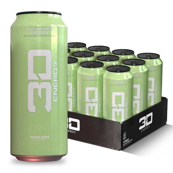 3D Energy Zero Sugar Energy Drink, 200 mg Caffeine, Cucumber Melon, 16 fl oz, 12 Pack