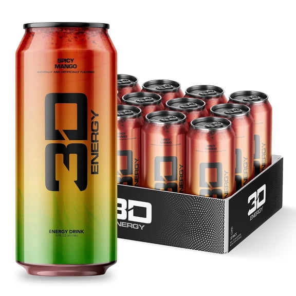 3D Energy Zero Sugar Energy Drink, 200 mg Caffeine, Spicy Mango, 16 fl oz, 12 Pack