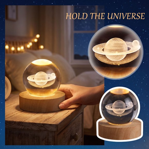 3D Engraved Crystal Ball Night Light with Planet Interior Design on Base for Desk Table Shelf Display Decorative Accent