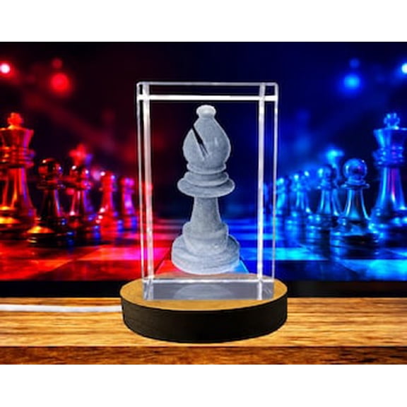 3D Engraved Crystal Bishop Chess Piece with LED Base - Large