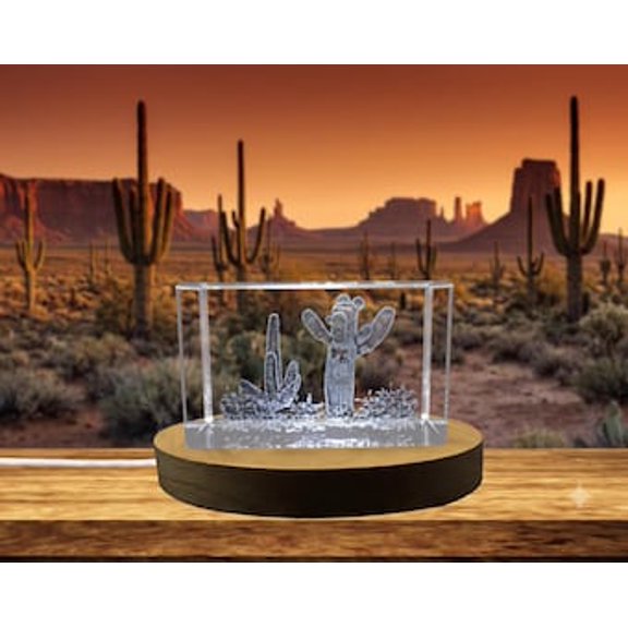 3D Engraved Crystal Cactus - Large Size