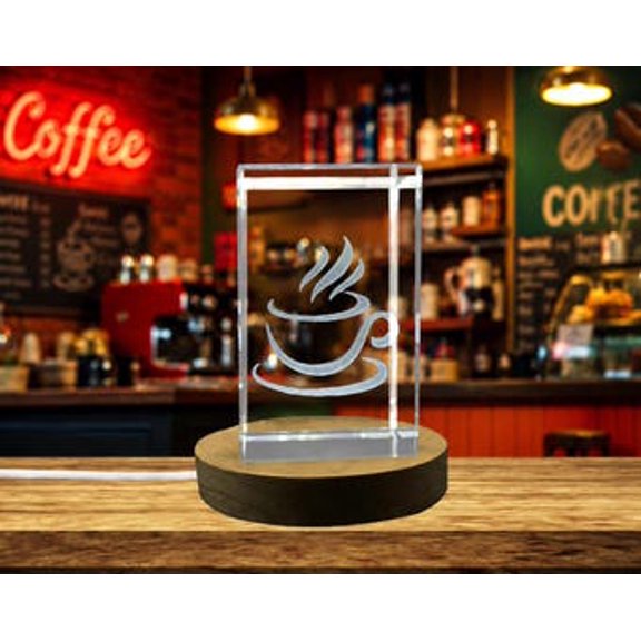 3D Engraved Crystal Decor for restaurants - Coffee Cup Icon - Large Size