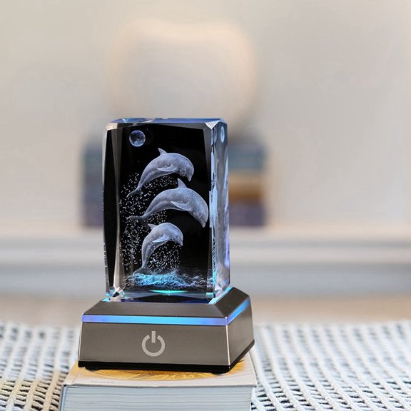 3D Engraving Night Light with Wooden Base Elegant Glass Figurine Cube for Home Unique for Women Men