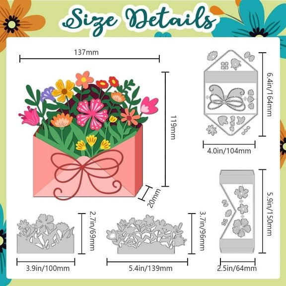 3D Envelope Box Cutting Dies for Card Making Spring Flowers Dies Carbon Steel Cut Die Border Stencils Scrapbooking Embossing Template for DIY Paper Crafting Gift Box