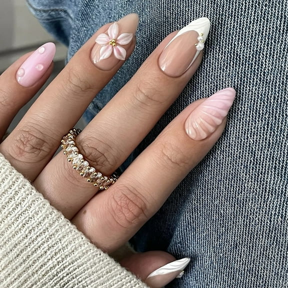 3D Epoxy Press-On Nails, 24 Pcs 3D Flower Design in Pink & White Tones, Elegant Cute Full Cover Fake Nails, DIY Manicure Kit for Women Girls Daily & Party