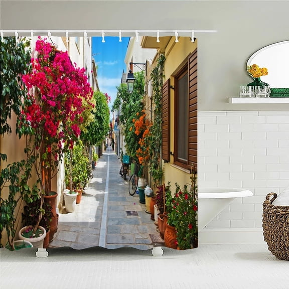 3D European rural town street landscape printing bathroom waterproof shower curtain outdoor flower scenery curtain decoration