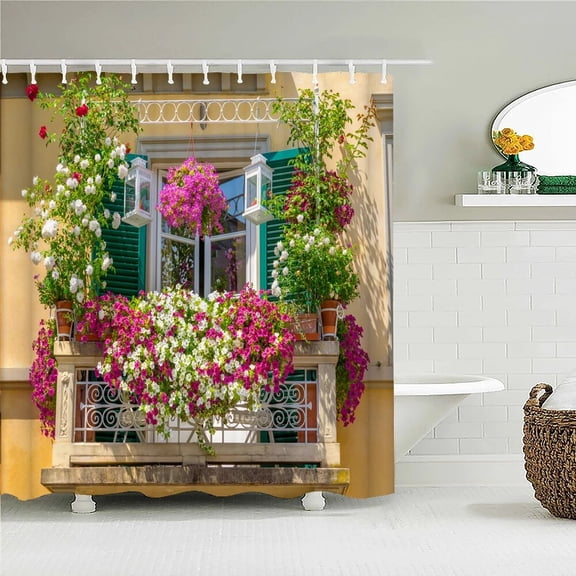 3D European rural town street landscape printing bathroom waterproof shower curtain outdoor flower scenery curtain decoration